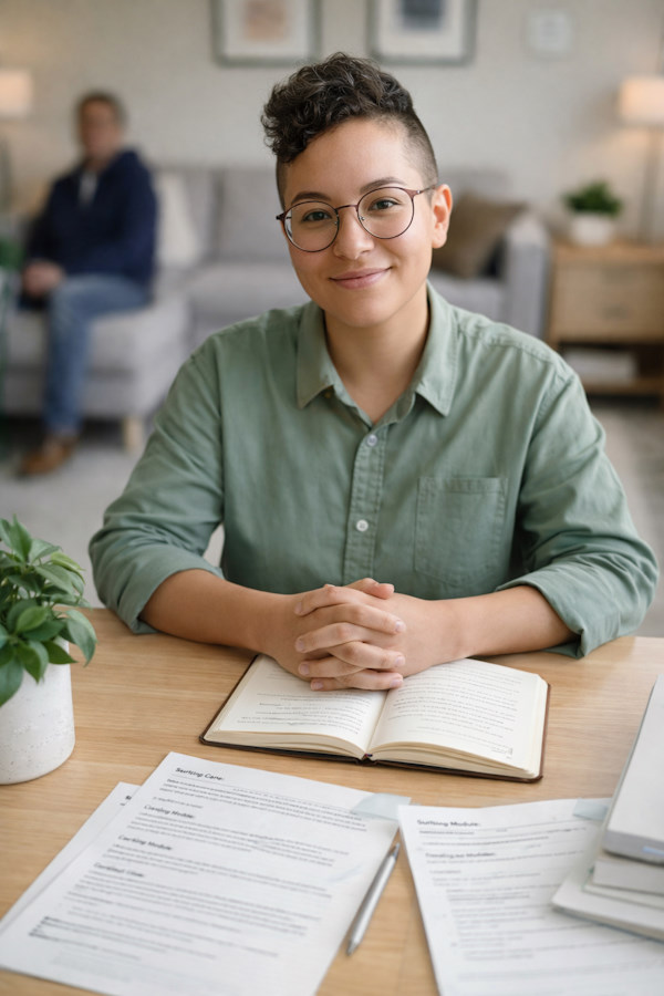 Therapist at a desk with curriculum materials; client and couch softly out of focus in the background.